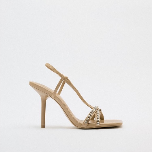 Zara Beige Rhinestone High Heel Sandals - Picture 13 of 17